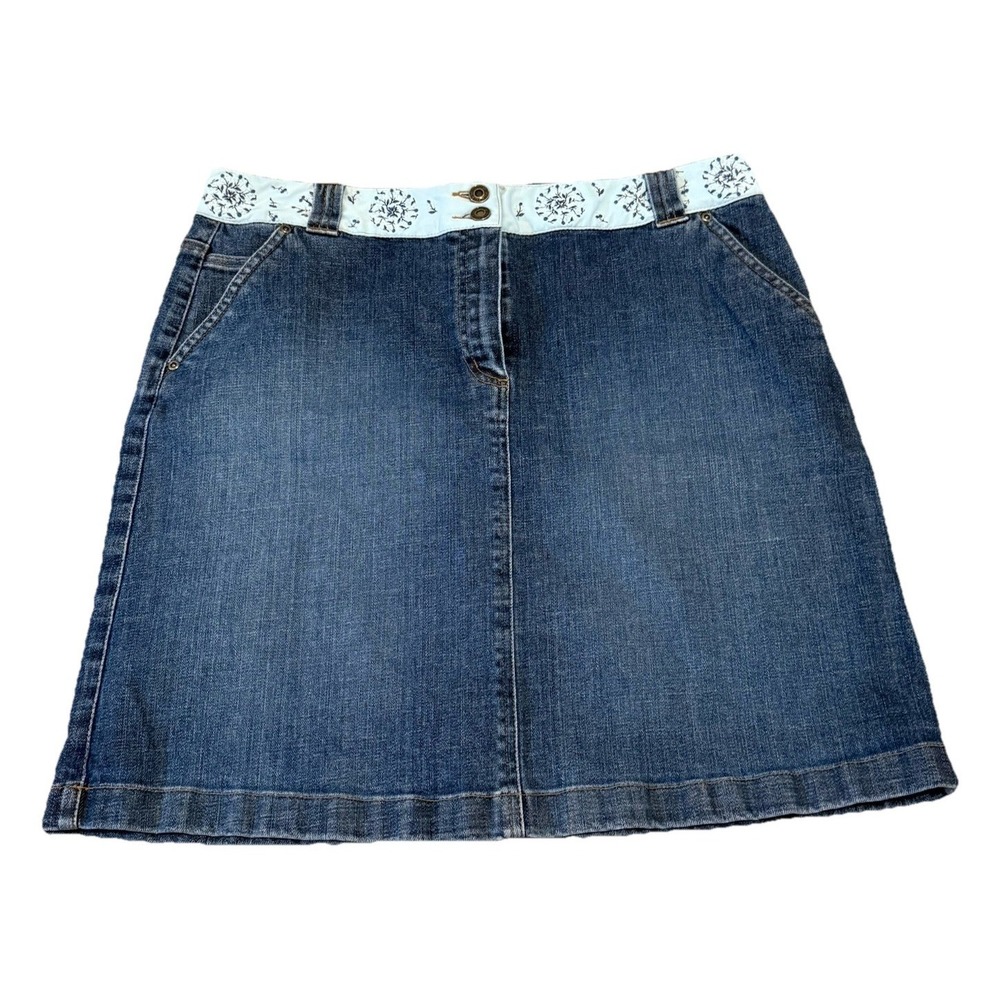 Vtg. Talbots Womens Dark Wash Denim Mini Skirt 16 Floral Band Indigo Blue